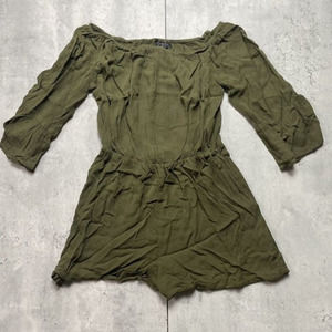 TopShop Womens Green 3/4 Sleeve Shoulder Playsuit Romper Ruffle‎ Size 4 EUC